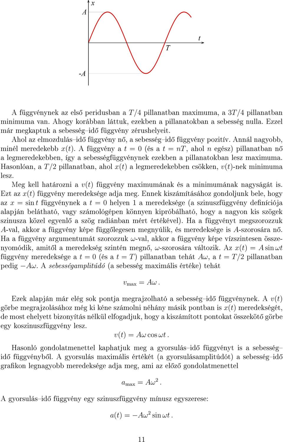 A füvény a t = 0 (és a t = nt, ahol n eész) pillanatban n a lemeredekebben, íy a sebesséfüvénynek ezekben a pillanatokban lesz maximuma.