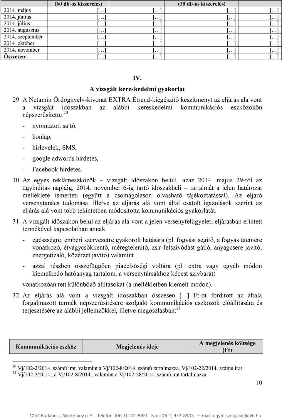 A Netamin Ördögnyelv-kivonat EXTRA Étrend-kiegészítő készítményt az eljárás alá vont a vizsgált időszakban az alábbi kereskedelmi kommunikációs eszközökön népszerűsítette: 20 - nyomtatott sajtó, -