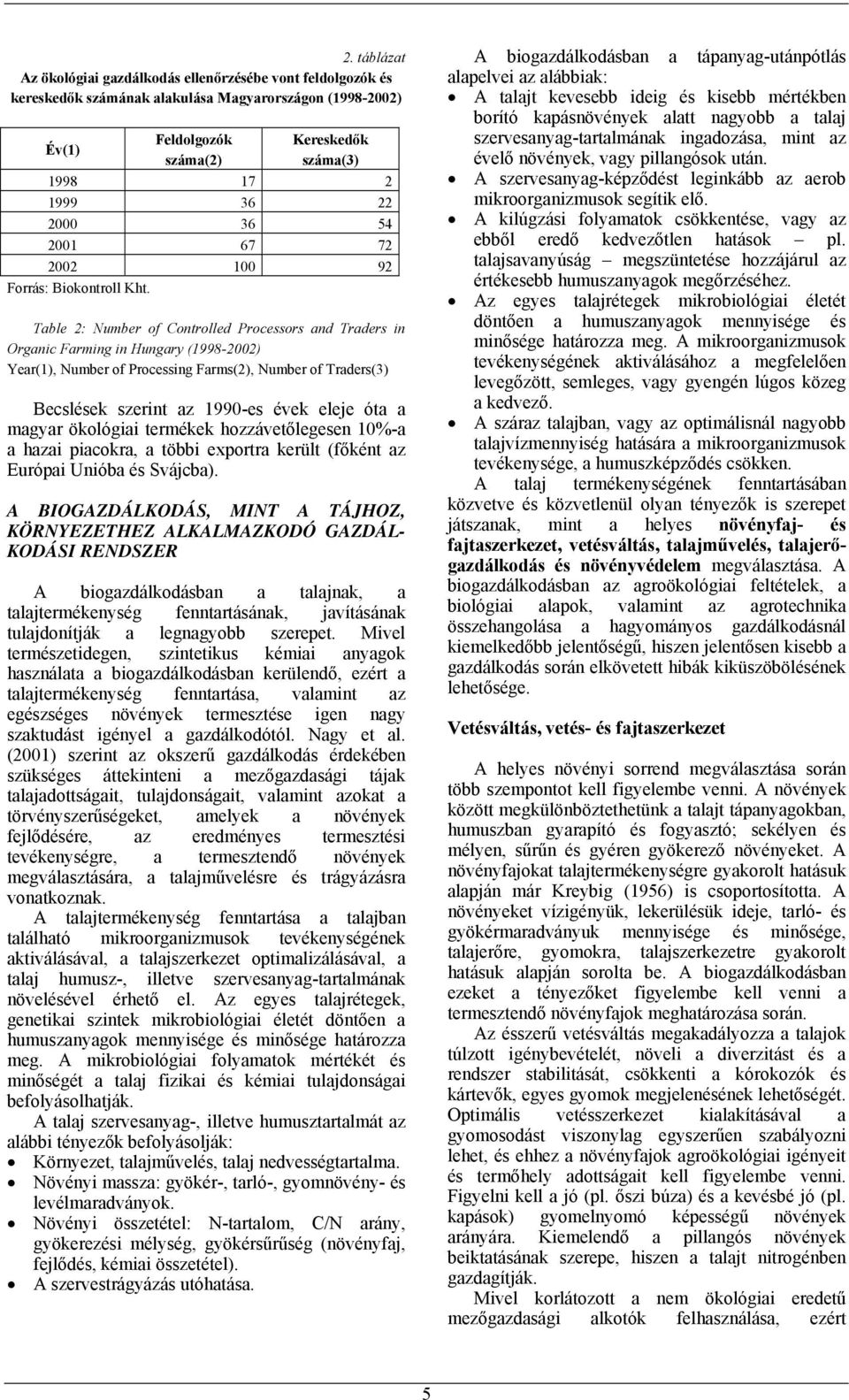 Table 2: Number of Controlled Processors and Traders in Organic Farming in Hungary (1998-2002) Year(1), Number of Processing Farms(2), Number of Traders(3) Becslések szerint az 1990-es évek eleje óta