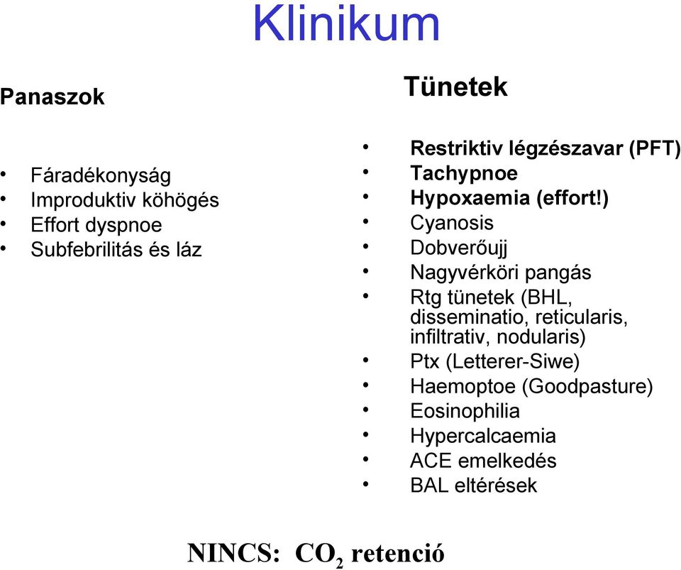 ) Cyanosis Dobverőujj Nagyvérköri pangás Rtg tünetek (BHL, disseminatio, reticularis,