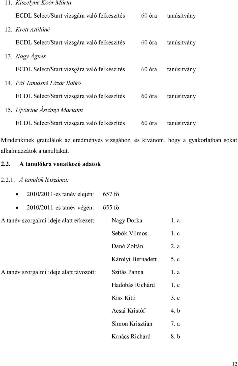 Ujváriné Ásványi Mariann ECDL Select/Start vizsgára való felkészítés 60 óra tanúsítvány Mindenkinek gratulálok az eredményes vizsgához, és kívánom, hogy a gyakorlatban sokat alkalmazzátok a