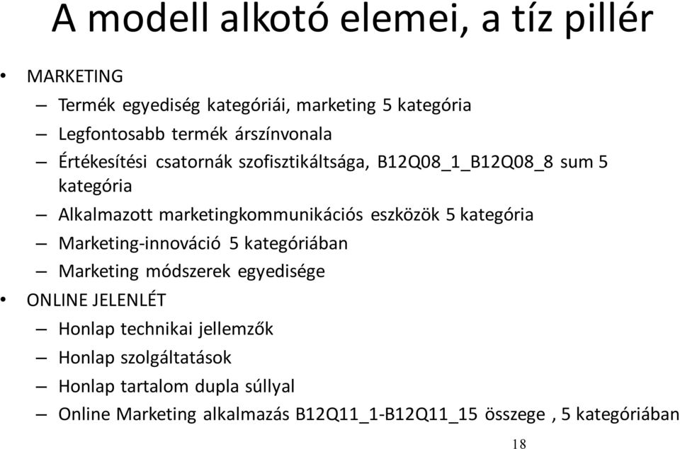 eszközök 5 kategória Marketing-innováció 5 kategóriában Marketing módszerek egyedisége ONLINE JELENLÉT Honlap technikai