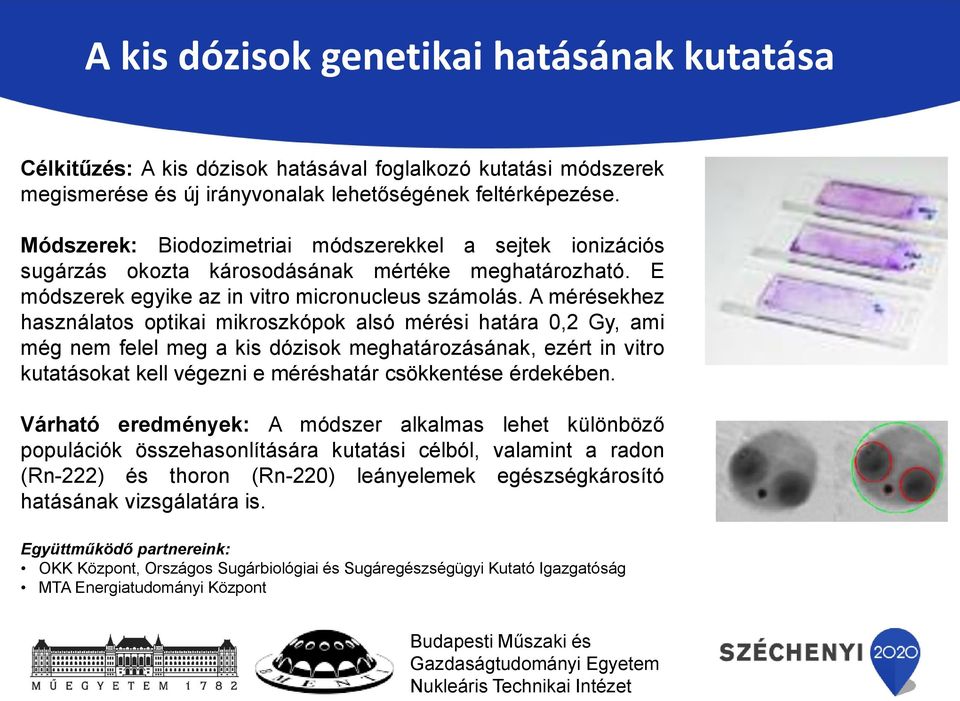 A mérésekhez használatos optikai mikroszkópok alsó mérési határa 0,2 Gy, ami még nem felel meg a kis dózisok meghatározásának, ezért in vitro kutatásokat kell végezni e méréshatár csökkentése