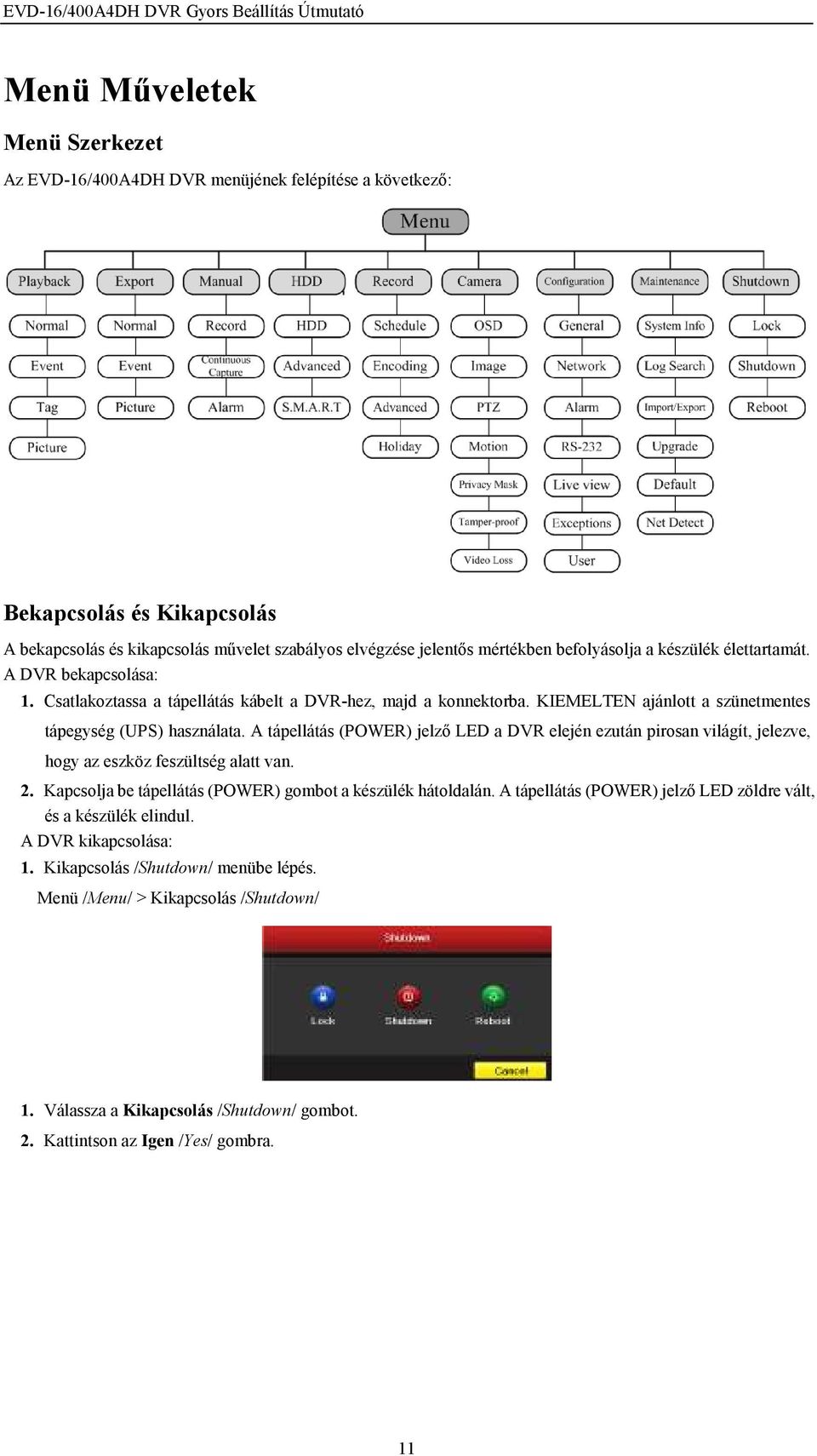 A tápellátás (POWER) jelzı LED a DVR elején ezután pirosan világít, jelezve, hogy az eszköz feszültség alatt van. 2. Kapcsolja be tápellátás (POWER) gombot a készülék hátoldalán.