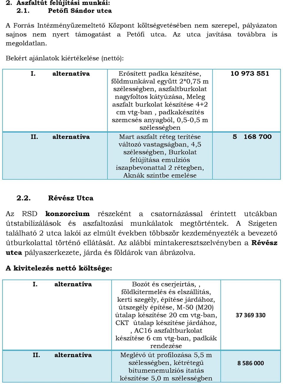 alternatíva Erősített padka készítése, földmunkával együtt 2*0,75 m szélességben, aszfaltburkolat nagyfoltos kátyúzása, Meleg aszfalt burkolat készítése 4+2 cm vtg-ban, padkakészítés szemcsés