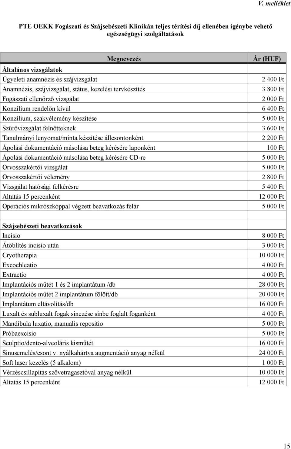 készítése állcsontonként Ápolási dokumentáció másolása beteg kérésére laponként Ápolási dokumentáció másolása beteg kérésére CD-re Orvosszakértıi vizsgálat Orvosszakértıi vélemény Vizsgálat hatósági