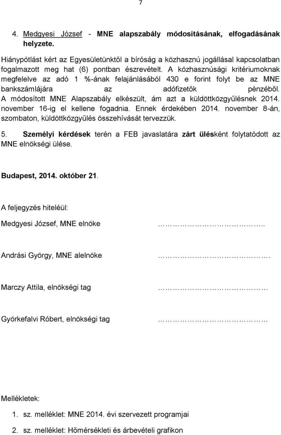 A közhasznúsági kritériumoknak megfelelve az adó 1 %-ának felajánlásából 430 e forint folyt be az MNE bankszámlájára az adófizetők pénzéből.