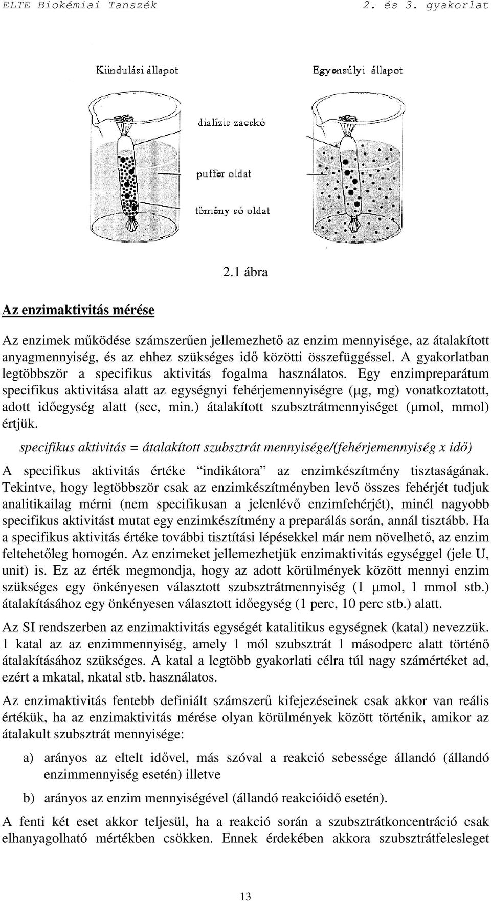 Egy enzimpreparátum specifikus aktivitása alatt az egységnyi fehérjemennyiségre (µg, mg) vonatkoztatott, adott idıegység alatt (sec, min.) átalakított szubsztrátmennyiséget (µmol, mmol) értjük.