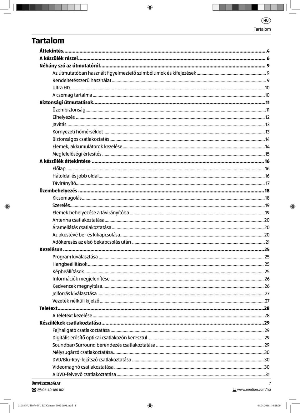 .. 14 Megfelelőségi értesítés... 15 A készülék áttekintése... 16 Előlap...16 Hátoldal és jobb oldal...16 Távirányító... 17 Üzembehelyezés... 18 Kicsomagolás...18 Szerelés.