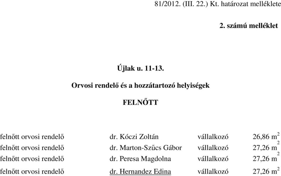 Kóczi Zoltán vállalkozó 26,86 m 2 felnőtt orvosi rendelő dr.