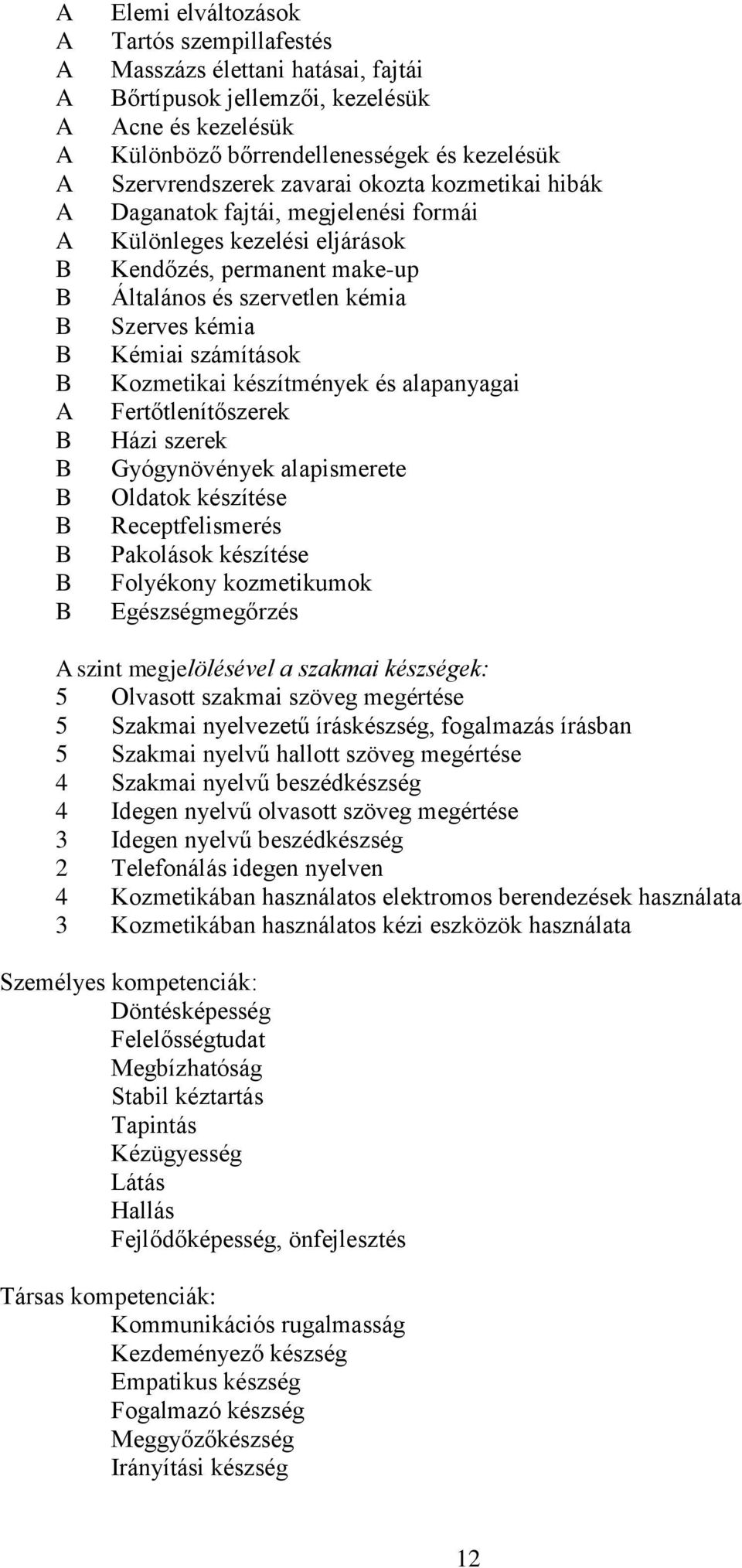 Kémiai számítások Kozmetikai készítmények és alapanyagai Fertőtlenítőszerek Házi szerek Gyógynövények alapismerete Oldatok készítése Receptfelismerés Pakolások készítése Folyékony kozmetikumok