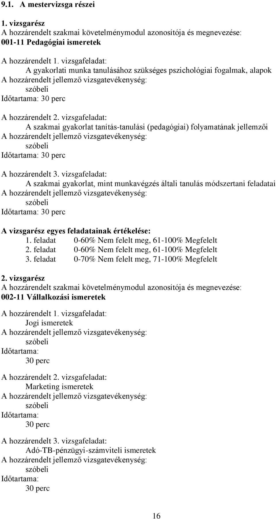 vizsgafeladat: A szakmai gyakorlat tanítás-tanulási (pedagógiai) folyamatának jellemzői A hozzárendelt jellemző vizsgatevékenység: szóbeli Időtartama: 30 perc A hozzárendelt 3.