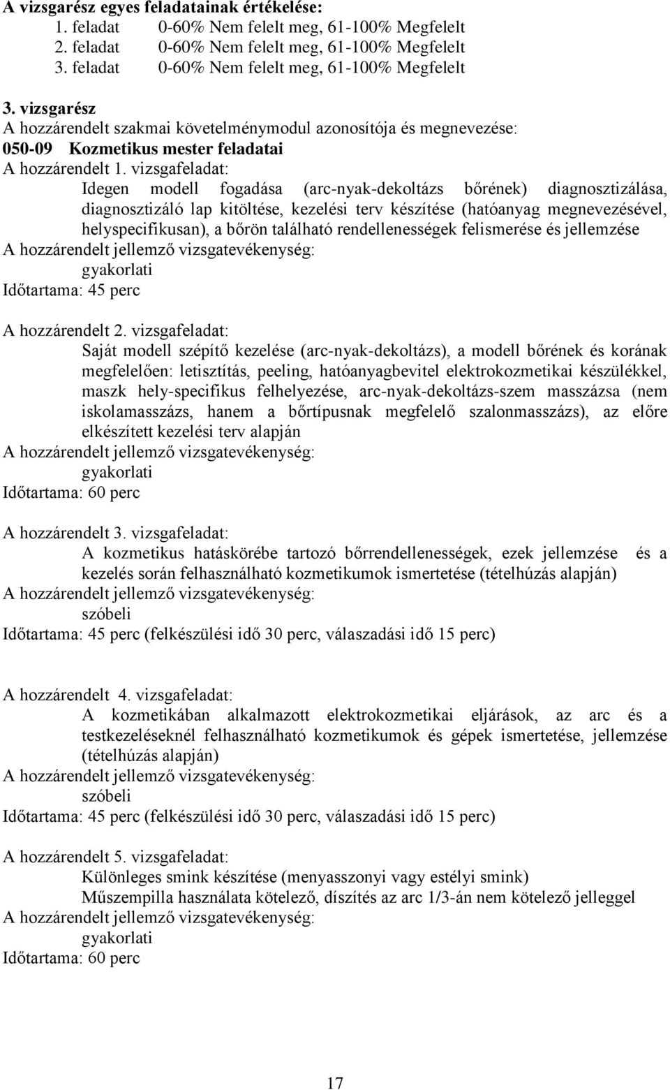 vizsgafeladat: Idegen modell fogadása (arc-nyak-dekoltázs bőrének) diagnosztizálása, diagnosztizáló lap kitöltése, kezelési terv készítése (hatóanyag megnevezésével, helyspecifikusan), a bőrön