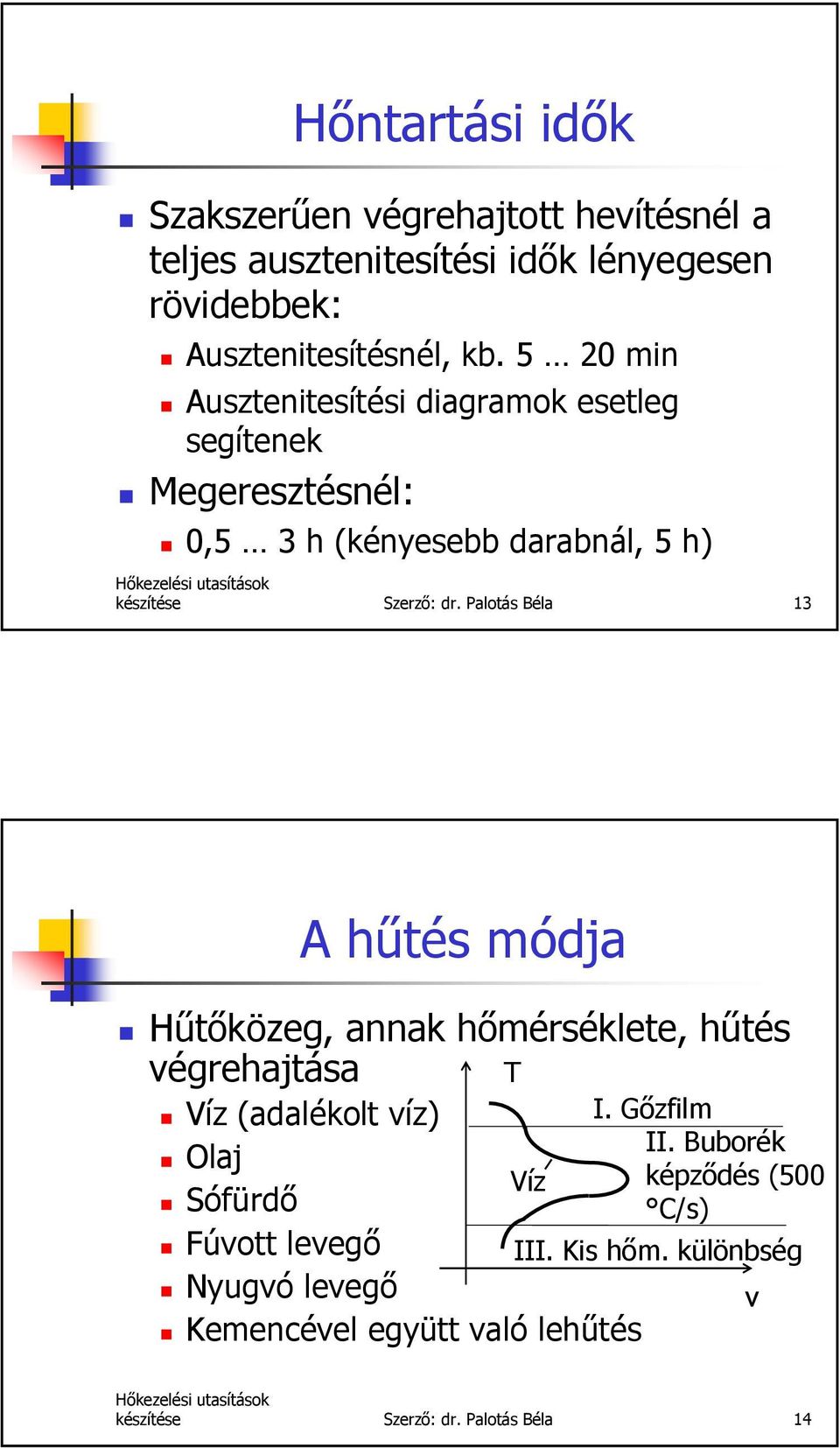 Palotás Béla 13 A hűtés módja Hűtőközeg, annak hőmérséklete, hűtés végrehajtása Víz (adalékolt víz) Olaj Víz Sófürdő Fúvott levegő