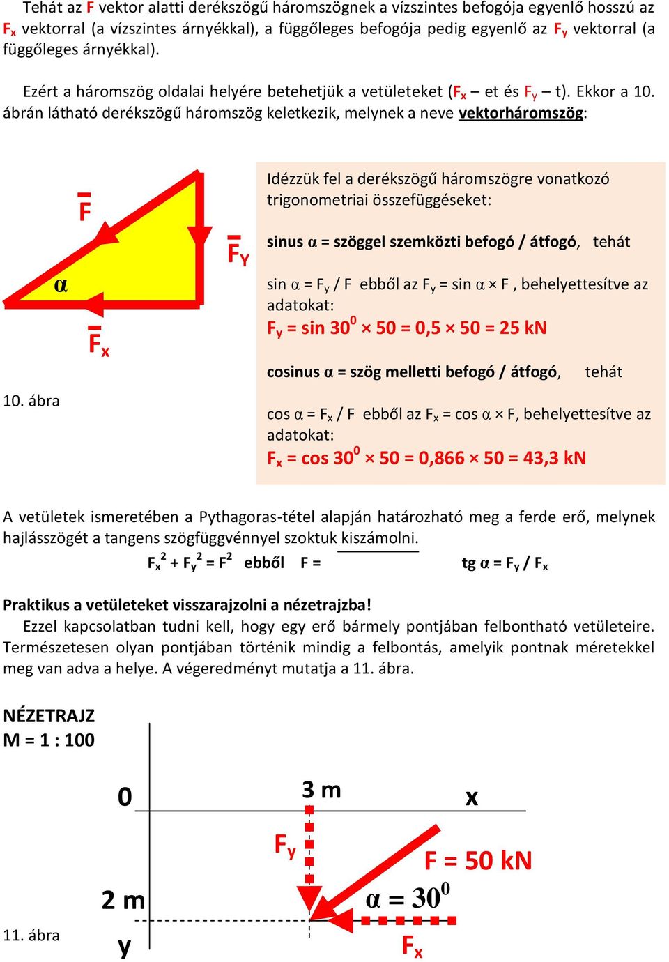 ábrán látható derékszögű háromszög keletkezik, melynek a neve vektorháromszög: α F F x F Y Idézzük fel a derékszögű háromszögre vonatkozó trigonometriai összefüggéseket: sinus α = szöggel szemközti