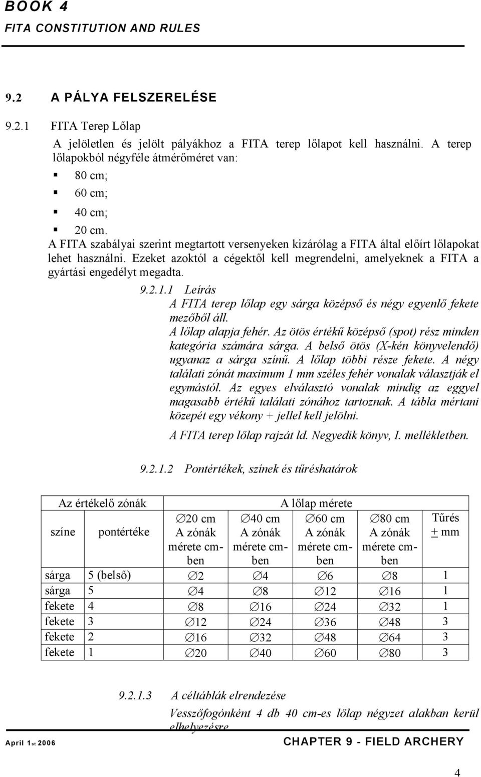 Az értékelő zónák színe pontértéke 9.2.1.1 Leírás A FITA terep lőlap egy sárga középső és négy egyenlő fekete mezőből áll. A lőlap alapja fehér.