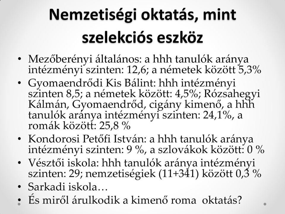 intézményi szinten: 24,1%, a romák között: 25,8 % Kondorosi Petőfi István: a hhh tanulók aránya intézményi szinten: 9 %, a szlovákok között: 0 %