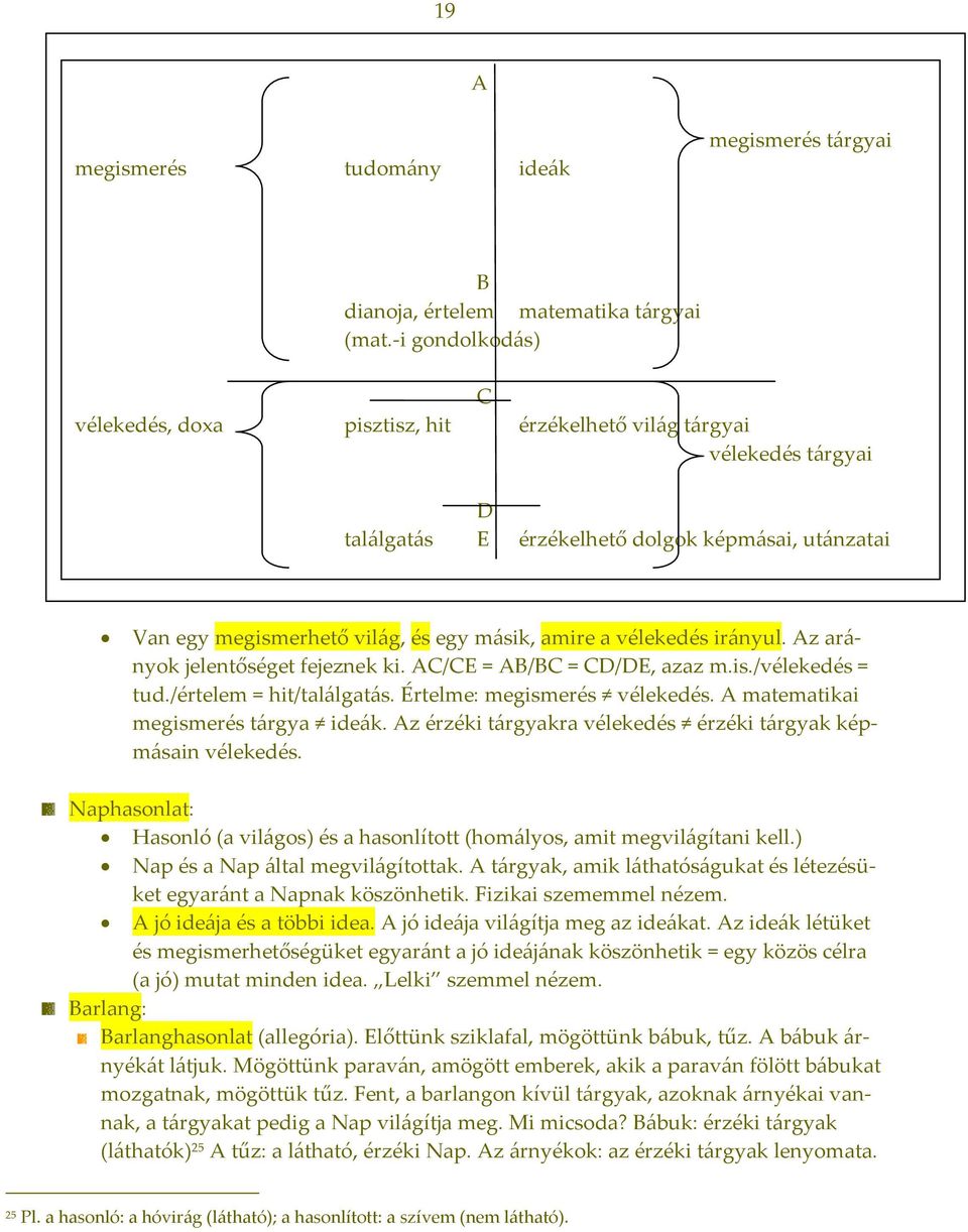 vélekedés irányul. Az arányok jelentőséget fejeznek ki. AC/CE = AB/BC = CD/DE, azaz m.is./vélekedés = tud./értelem = hit/találgatás. Értelme: megismerés vélekedés.