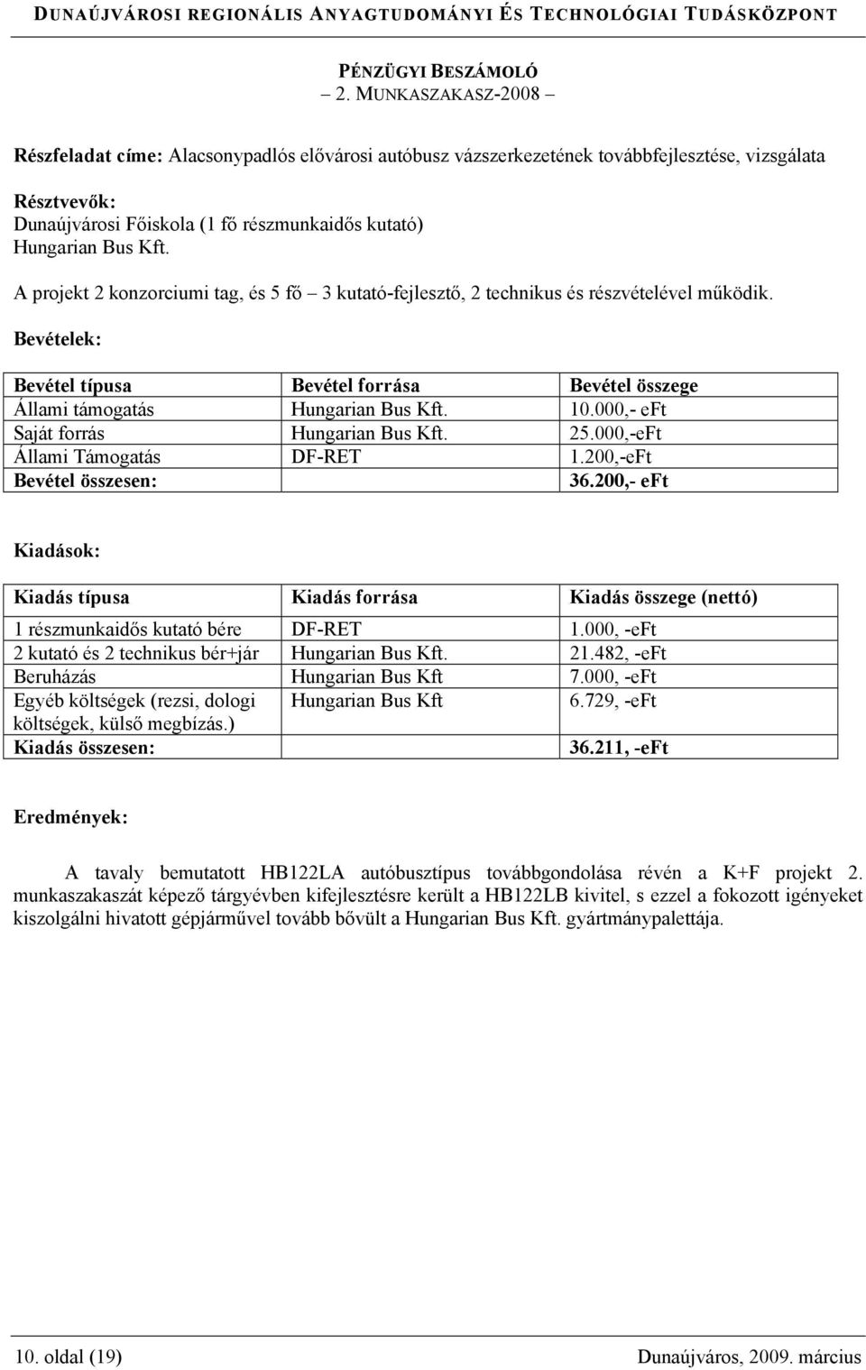 000,- eft Saját forrás Hungarian Bus Kft. 25.000,-eFt Állami Támogatás DF-RET 1.200,-eFt Bevétel összesen: 36.