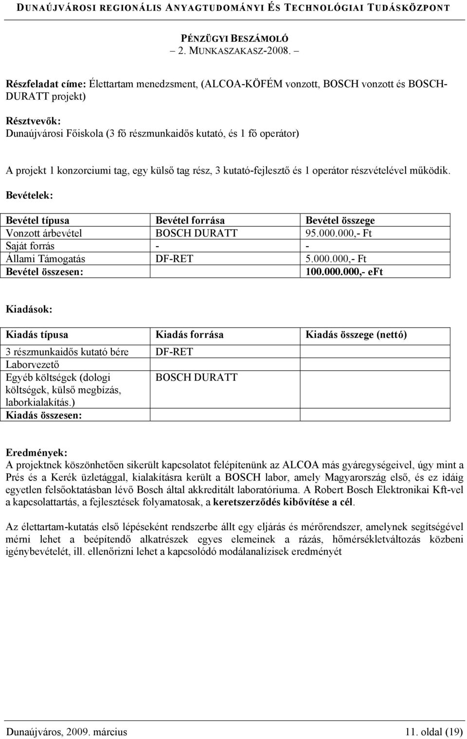 konzorciumi tag, egy külső tag rész, 3 kutató-fejlesztő és 1 operátor részvételével működik. Bevételek: Bevétel típusa Bevétel forrása Bevétel összege Vonzott árbevétel BOSCH DURATT 95.000.