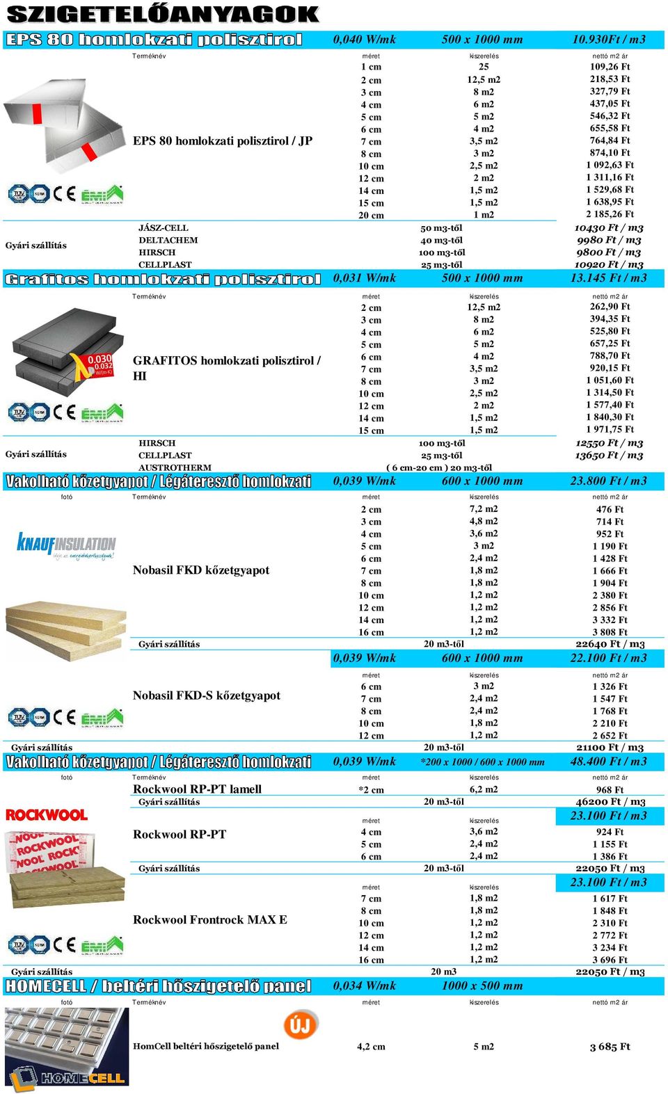 655,58 Ft 7 cm 3,5 m2 764,84 Ft 8 cm 3 m2 874,10 Ft 10 cm 2,5 m2 1 092,63 Ft 12 cm 2 m2 1 311,16 Ft 14 cm 1,5 m2 1 529,68 Ft 15 cm 1,5 m2 1 638,95 Ft 20 cm 1 m2 2 185,26 Ft 50 m3-től 10430 Ft / m3 40