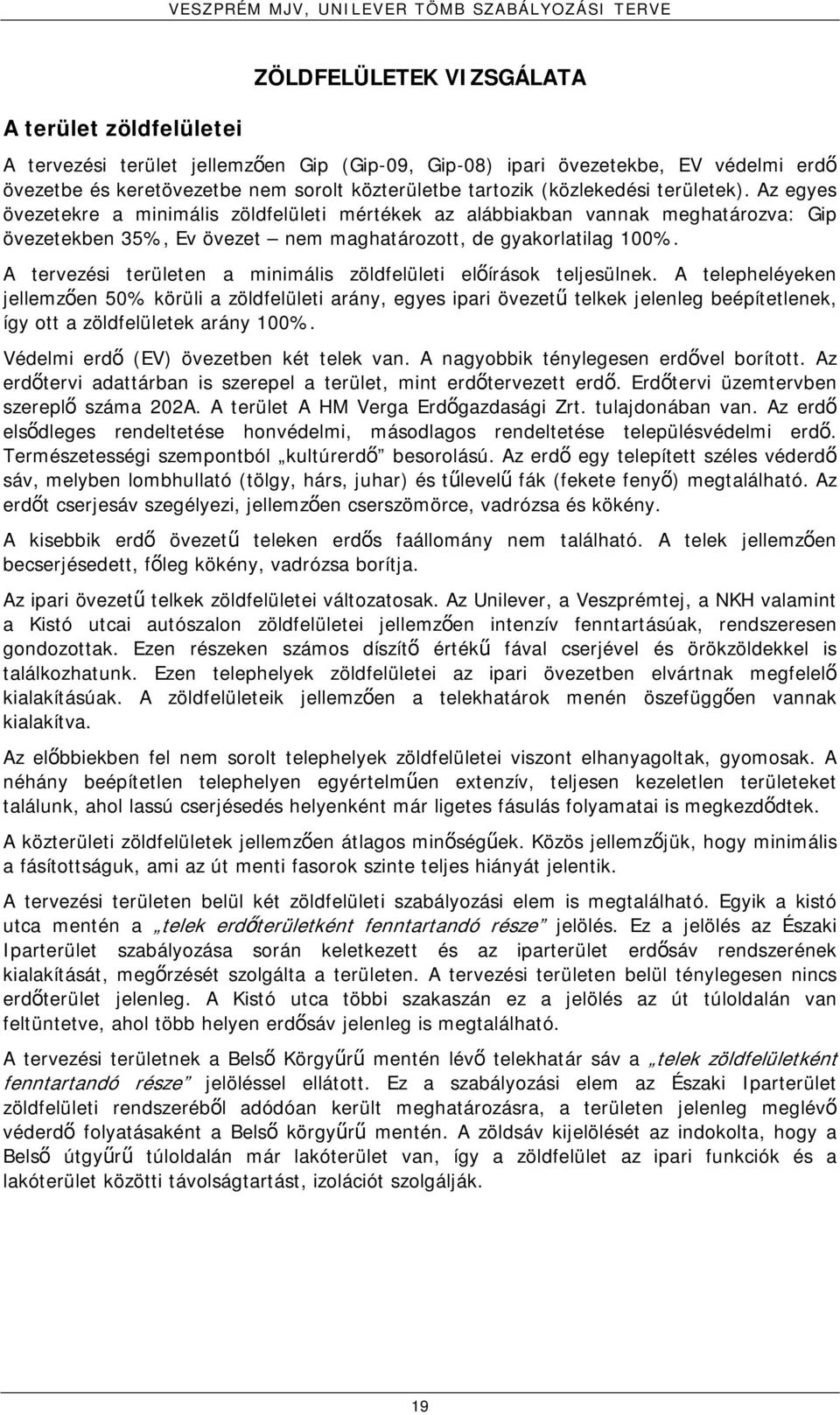 Az egyes övezetekre a minimális zöldfelületi mértékek az alábbiakban vannak meghatározva: Gip övezetekben 35%, Ev övezet nem maghatározott, de gyakorlatilag 100%.