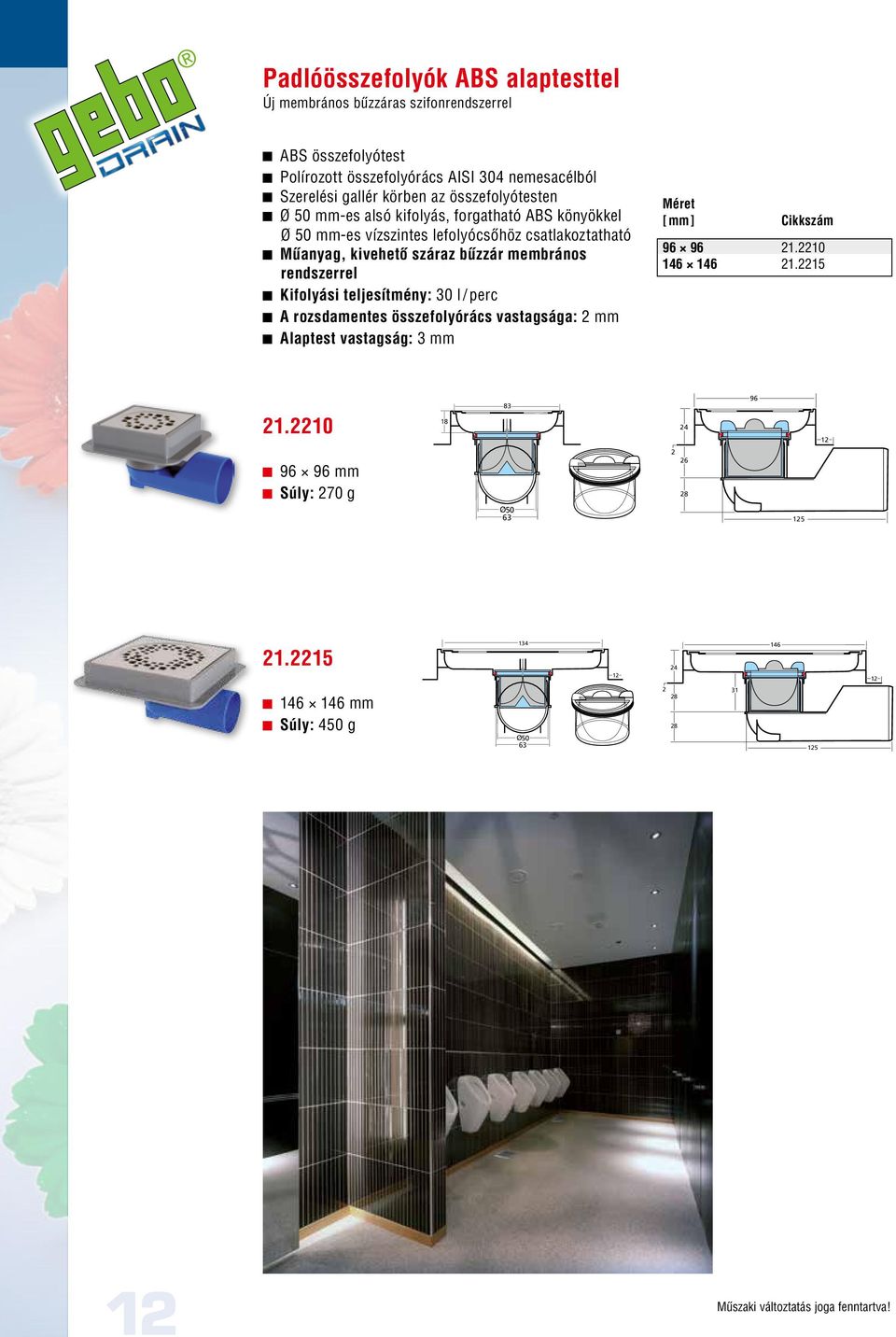 rendszerrel Kifolyási teljesítmény: 30 l / perc A rozsdamentes összefolyórács 122 96 vastagsága: 146 2 mm Alaptest vastagság: 324mm 12 96 96 21.2210 146 146 21.2215 2 31 28 21.