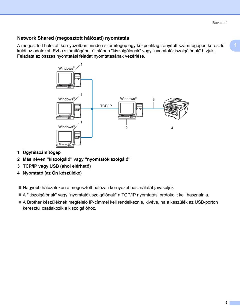 1 1 Ügyfélszámítógép 2 Más néven "kiszolgáló" vagy "nyomtatókiszolgáló" 3 TCP/IP vagy USB (ahol elérhető) 4 Nyomtató (az Ön készüléke) Nagyobb hálózatokon a megosztott hálózati környezet