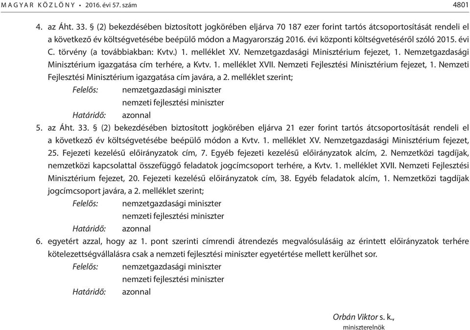 évi központi költségvetéséről szóló 2015. évi C. törvény (a továbbiakban: Kvtv.) 1. melléklet XV. Nemzetgazdasági Minisztérium fejezet, 1. Nemzetgazdasági Minisztérium igazgatása cím terhére, a Kvtv.