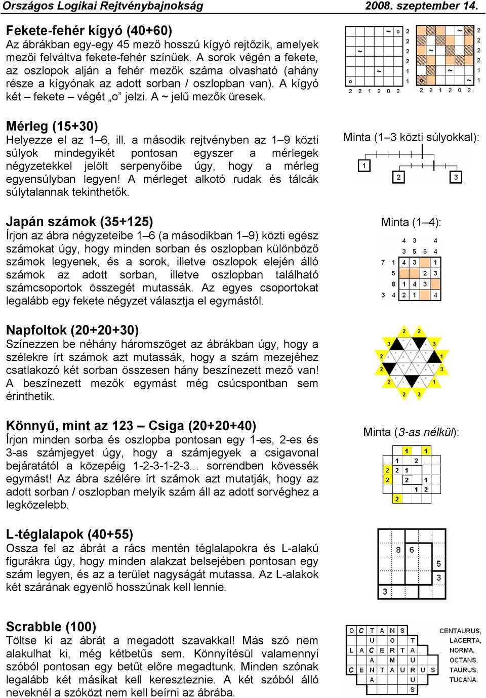 Mérleg (15+30) Helyezze el az 1 6, ill. a második rejtvényben az 1 9 közti súlyok mindegyikét pontosan egyszer a mérlegek négyzetekkel jelölt serpenyőibe úgy, hogy a mérleg egyensúlyban legyen!