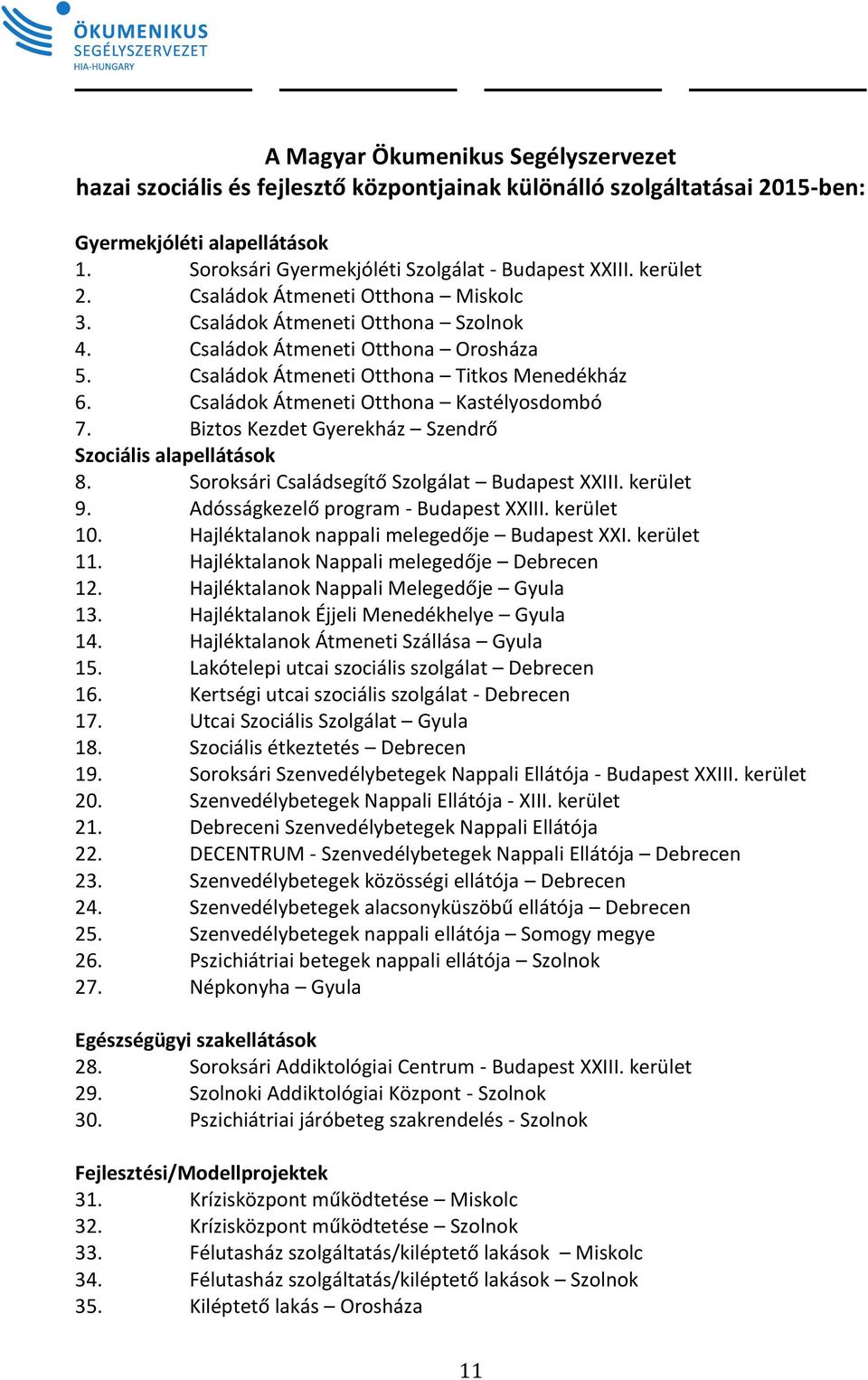 Családok Átmeneti Otthona Kastélyosdombó 7. Biztos Kezdet Gyerekház Szendrő Szociális alapellátások 8. Soroksári Családsegítő Szolgálat Budapest XXIII. kerület 9.