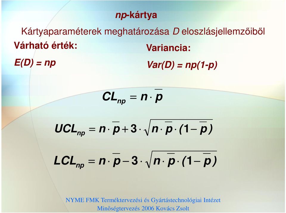 E(D) p Var(D) p(1-p) CL p p UCL p p + 3 p ( 1 p