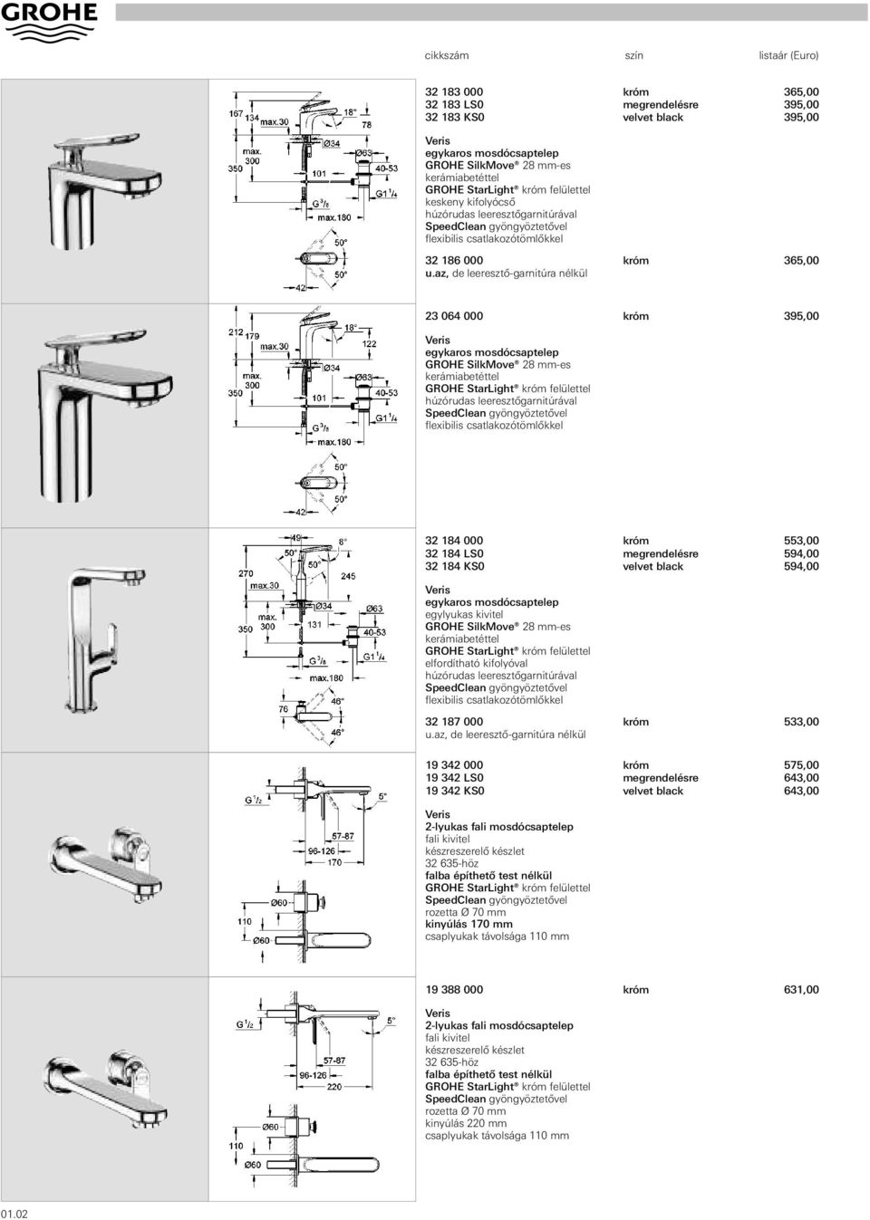 az, króm 9, Veris egykaros mosdócsaptelep GROHE SilkMove 8 mm-es kerámiabetéttel SpeedClean 8 króm, 8 LS megrendelésre 9, 8 KS velvet black 9, Veris