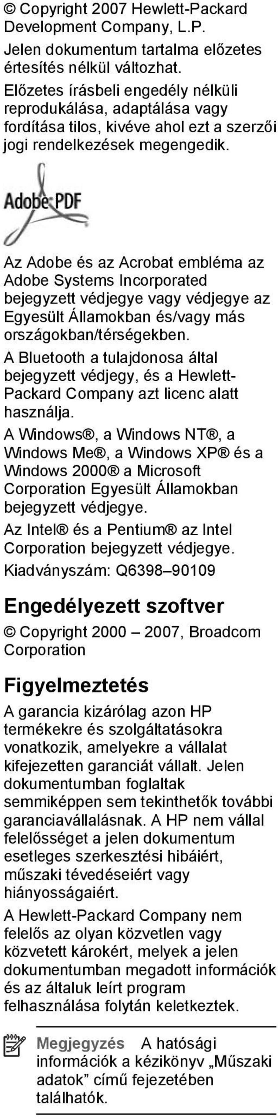 Az Adobe és az Acrobat embléma az Adobe Systems Incorporated bejegyzett védjegye vagy védjegye az Egyesült Államokban és/vagy más országokban/térségekben.