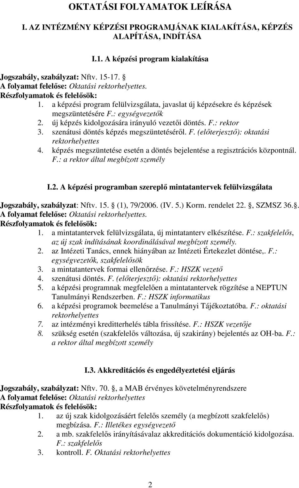 új képzés kidolgozására irányuló vezetői döntés. F.: rektor 3. szenátusi döntés képzés megszüntetéséről. F. (előterjesztő): oktatási rektorhelyettes 4.