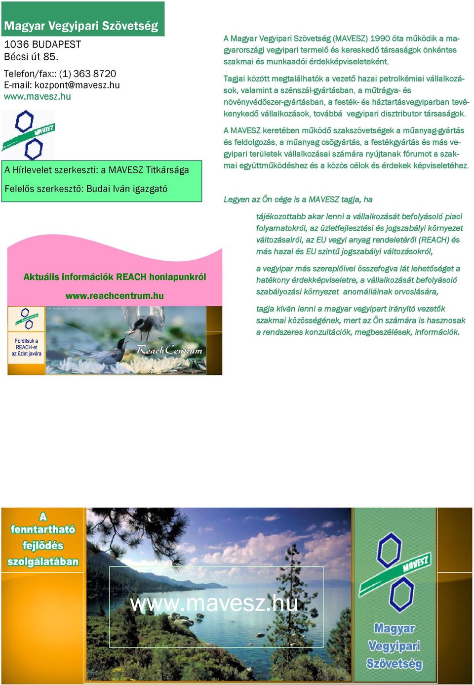 hu A Hírlevelet szerkeszti: a MAVESZ Titkársága Felelős szerkesztő: Budai Iván igazgató A Magyar Vegyipari Szövetség (MAVESZ) 1990 óta működik a ma- gyarországi vegyipari termelő és kereskedő