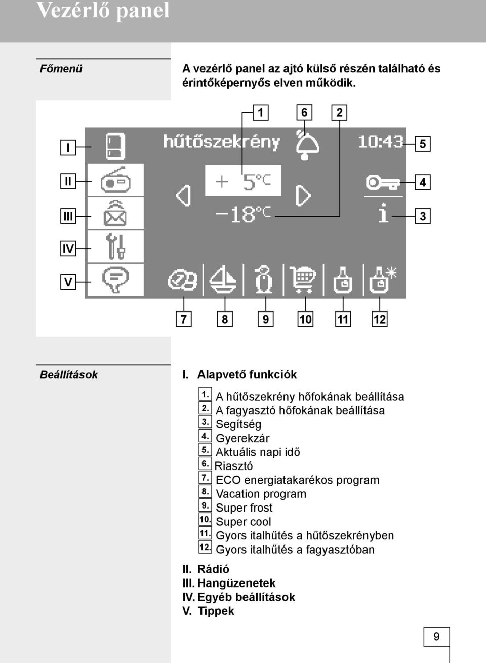 A fagyasztó hőfokának beállítása 3. Segítség 4. Gyerekzár 5. Aktuális napi idő 6. Riasztó 7. ECO energiatakarékos program 8.