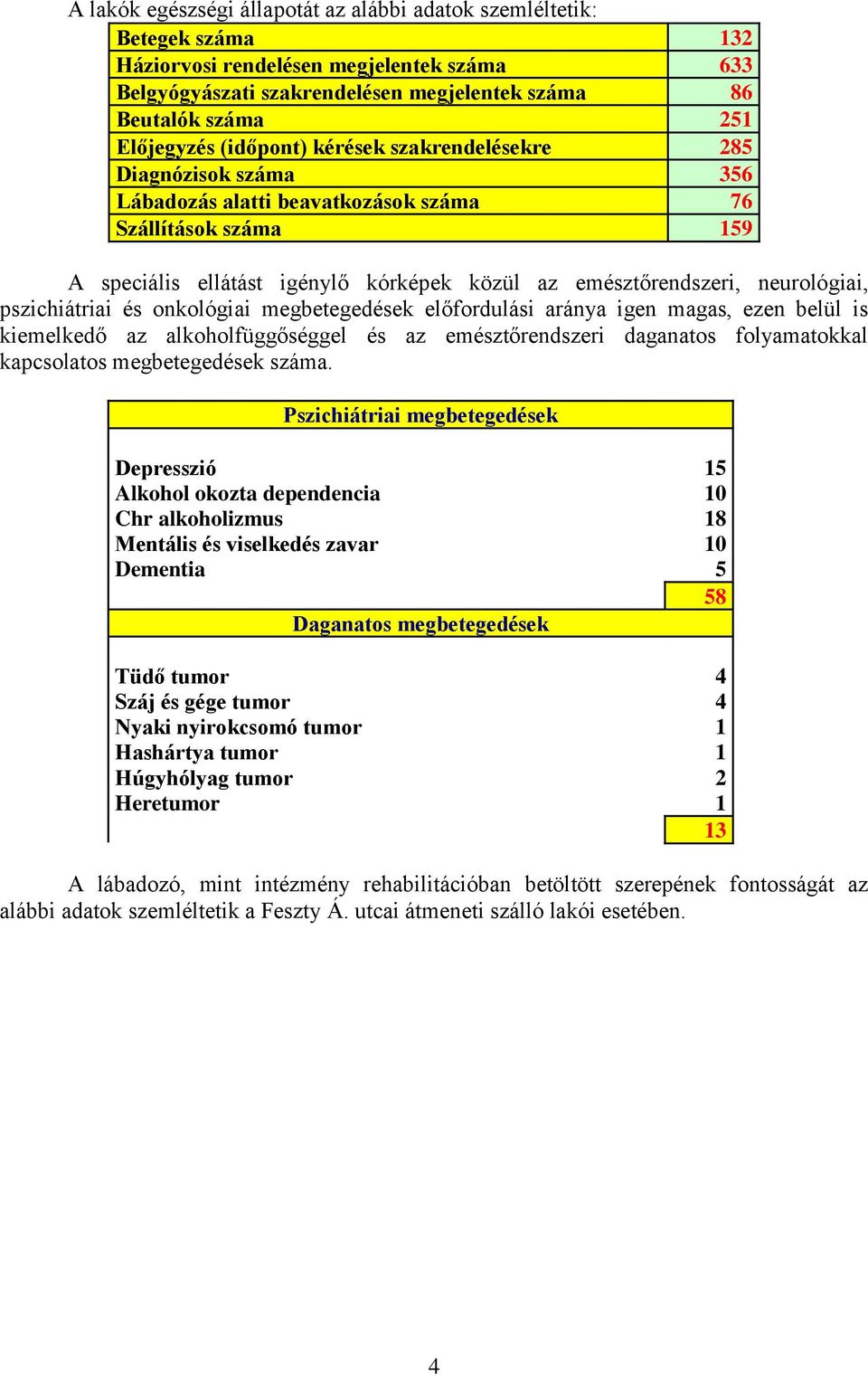 neurológiai, pszichiátriai és onkológiai megbetegedések előfordulási aránya igen magas, ezen belül is kiemelkedő az alkoholfüggőséggel és az emésztőrendszeri daganatos folyamatokkal kapcsolatos