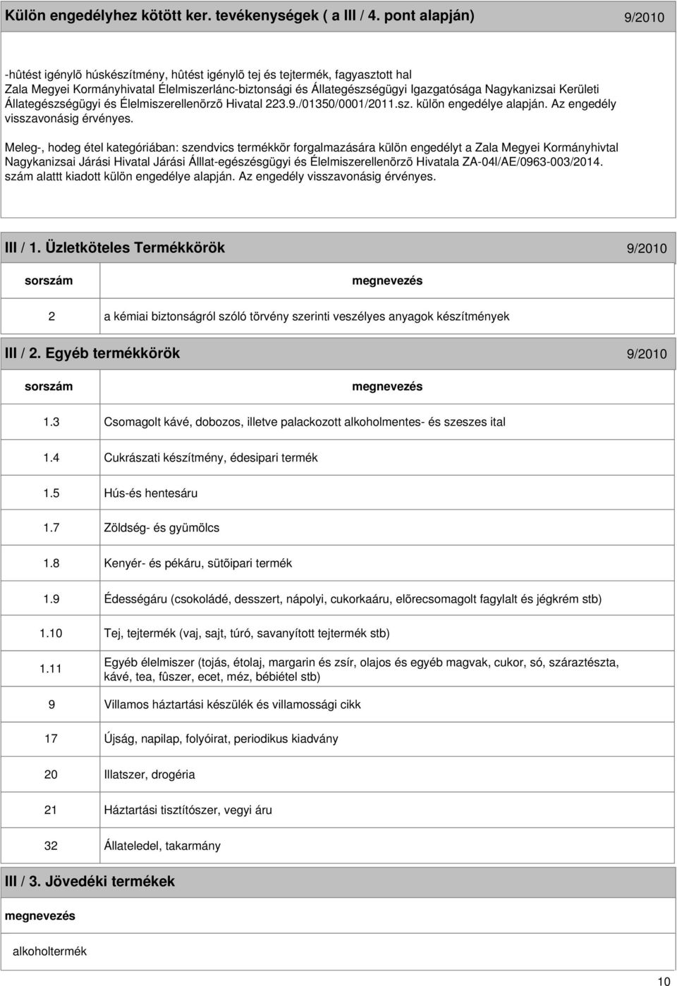 Kerületi Állategészségügyi és Élelmiszerellenörzõ Hivatal 3.9./01350/0001/011.sz. külön engedélye alapján. Az engedély visszavonásig érvényes.