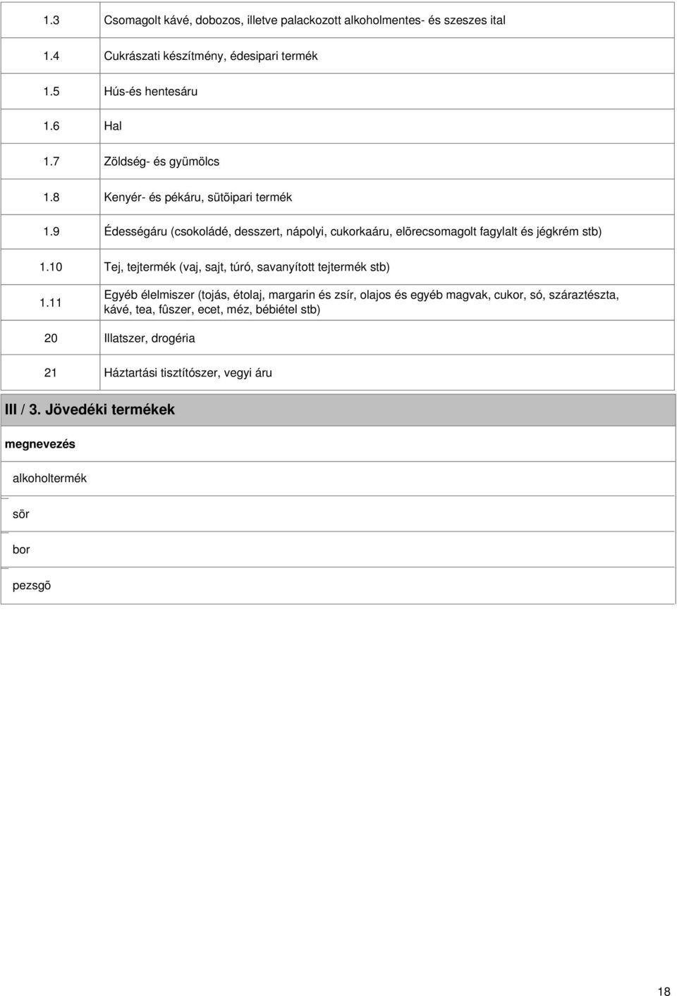 9 Kenyér- és pékáru, sütõipari termék Édességáru (csokoládé, desszert, nápolyi, cukorkaáru, elõrecsomagolt fagylalt és jégkrém stb) 1.10 1.