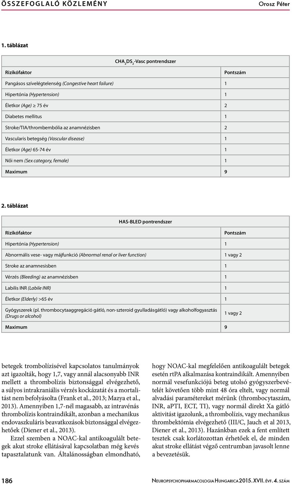 Stroke/TIA/thrombembólia az anamnézisben 2 Vascularis betegség (Vascular disease) 1 Életkor (Age) 65-74 év 1 Női nem (Sex category, female) 1 Maximum 9 2.