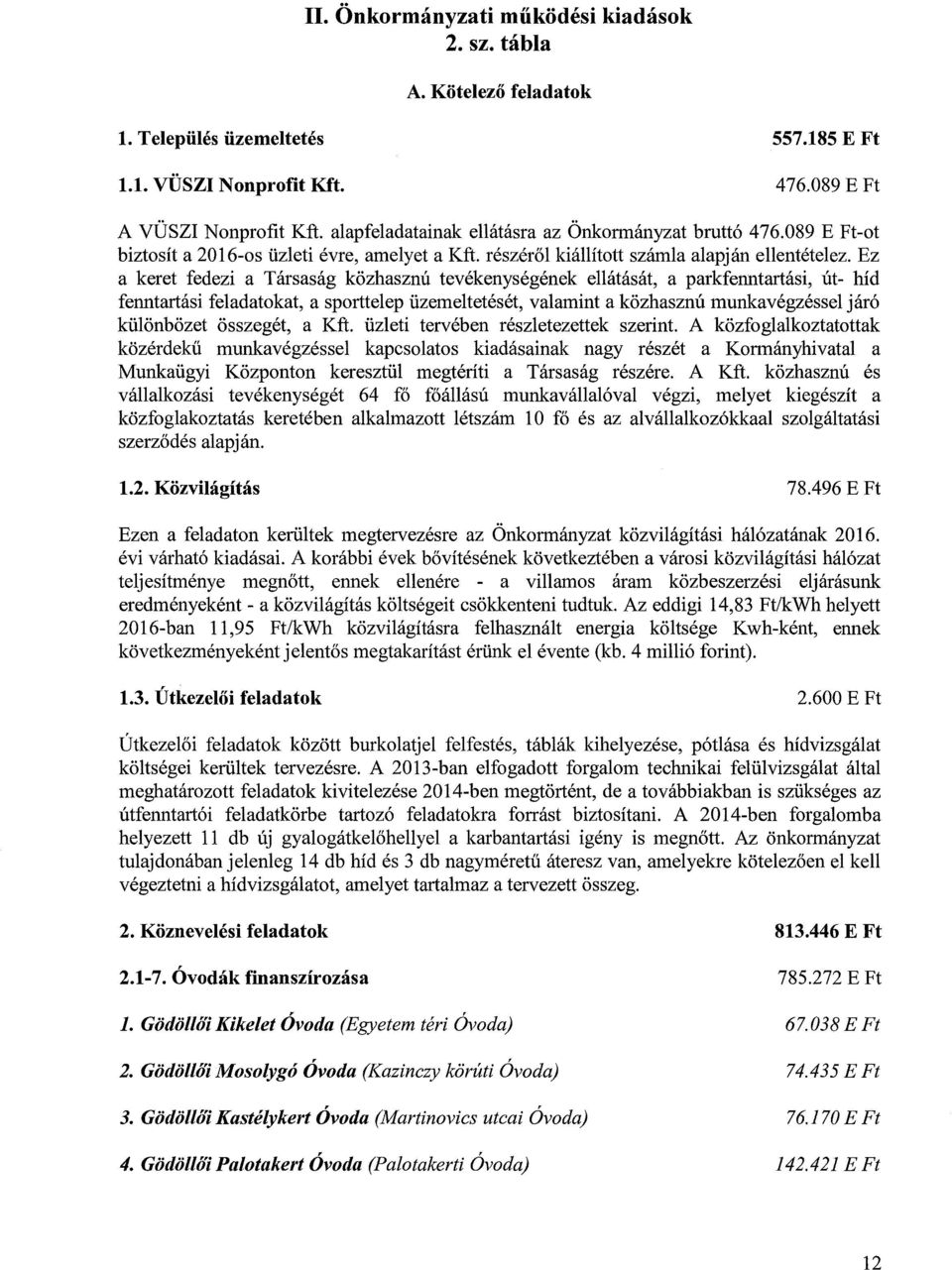 Ez a keret fedezi a Társaság közhasznú tevékenységének ellátását, a parkfenntartási, út- híd fenntartási feladatokat, a sporttelep üzemeltetését, valamint a közhasznú munkavégzéssel járó különbözet