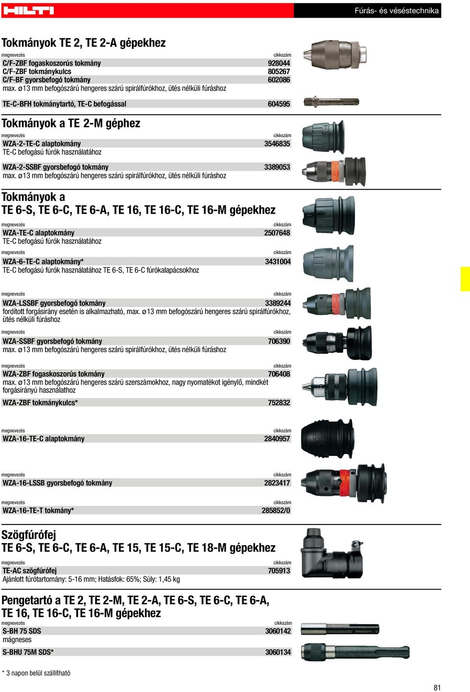 ø13 mm befogószárú hengeres szárú spirálfúrókhoz, ütés nélküli fúráshoz TE-C-BFH tokmánytartó, TE-C befogással 604595 Tokmányok a TE 2-M géphez WZA-2-TE-C alaptokmány 3546835 TE-C befogású fúrók