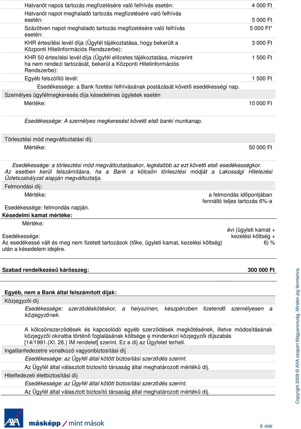 Hitelinformációs Rendszerbe): Egyéb felszólító levél: Esedékessége: a Bank fizetési felhívásának postázását követı esedékességi nap.