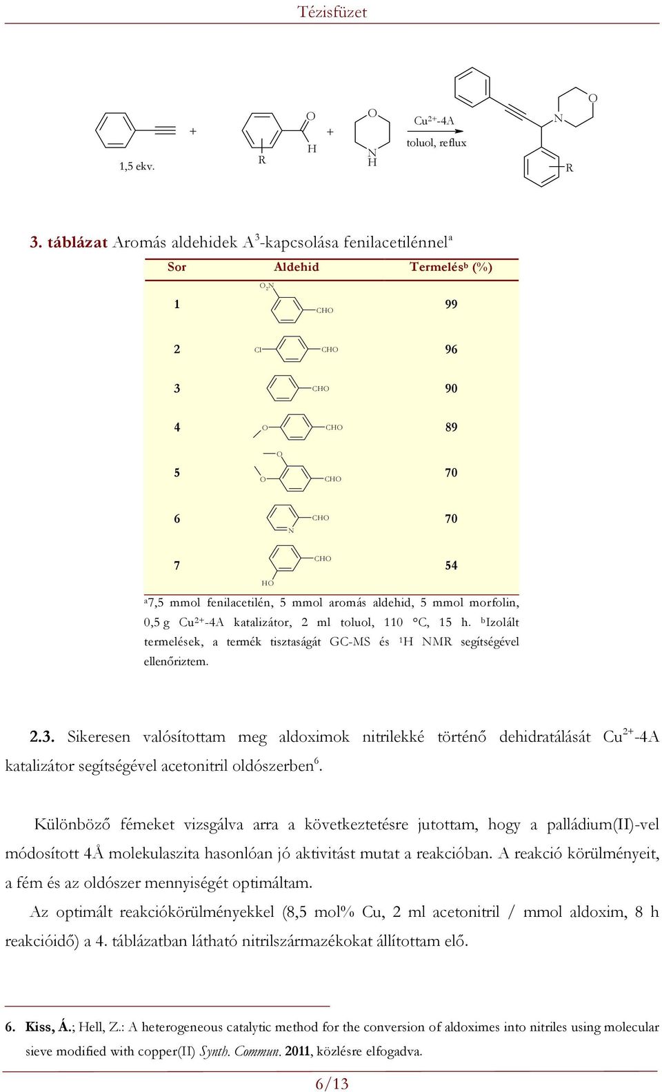 mmol morfolin, 0,5 g Cu 2+ -4A katalizátor, 2 ml toluol, 110 C, 15 h. b Izolált termelések, a termék tisztaságát GC-MS és 1 H MR segítségével ellenőriztem. 54 2.3.