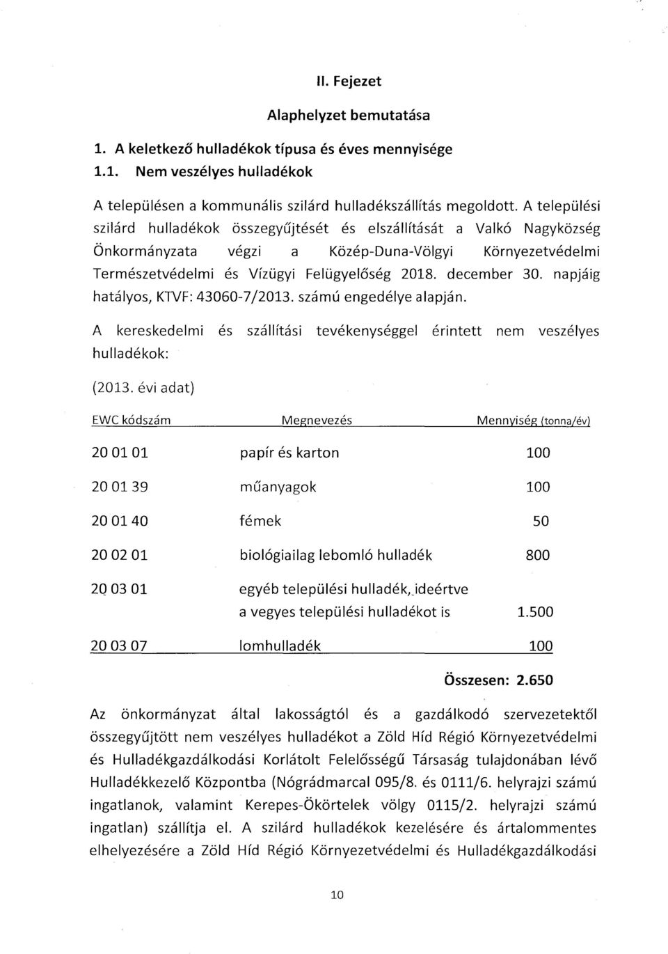 napjáig hatályos, KTVF: 43060-7/2013. számú engedélye alapján. A kereskedelmi és szállítási tevékenységgel érintett nem veszélyes hulladékok: {2013.