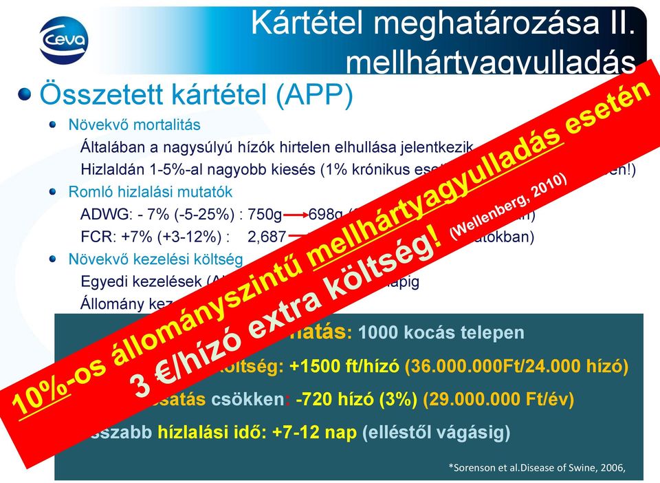 meghatározása II. Egyedi kezelések (Ab inj., NSAID) min.2-3 napig mellhártyagyulladás Állomány kezelés (Ab p.o.) 5 napig Gazdasági hatás: 1000 kocás telepen Takarmányozási költség: +1500 ft/hízó (36.