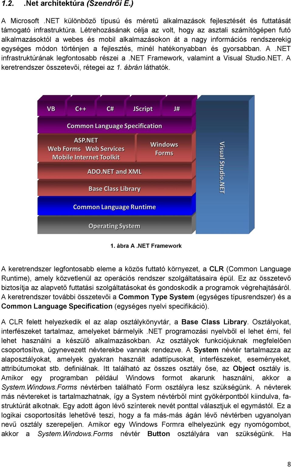 hatékonyabban és gyorsabban. A.NET infrastruktúrának legfontosabb részei a.net Framework, valamint a Visual Studio.NET. A keretrendszer összetevői, rétegei az 1. ábrán láthatók. 1. ábra A.