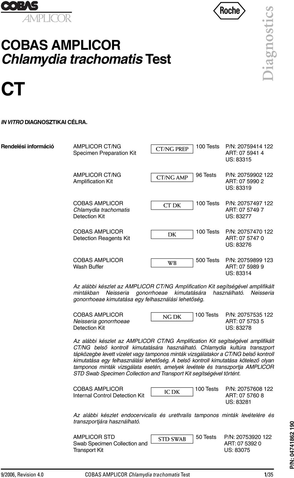 07 5990 2 US: 83319 COBAS AMPLICOR CT DK 100 Tests P/N: 20757497 122 Chlamydia trachomatis ART: 07 5749 7 Detection Kit US: 83277 COBAS AMPLICOR 100 Tests P/N: 20757470 122 DK Detection Reagents Kit