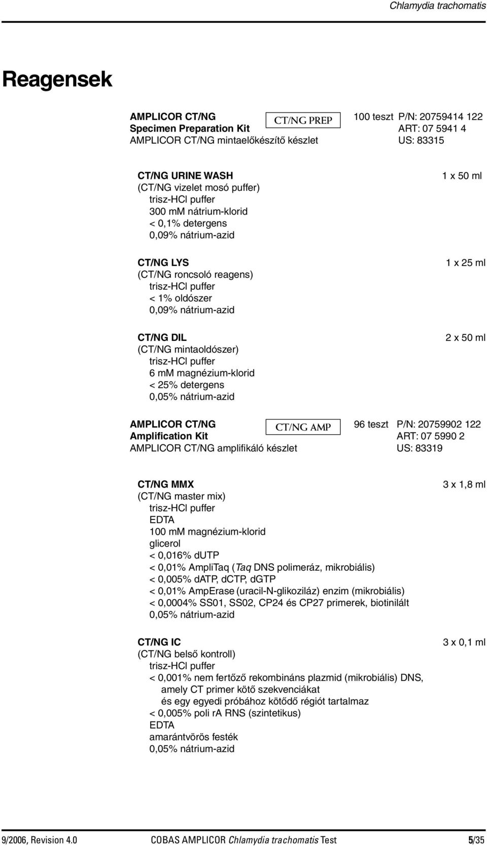 mintaoldószer) trisz-hcl puffer 6 mm magnézium-klorid < 25% detergens 0,05% nátrium-azid 1 x 50 ml 1 x 25 ml 2 x 50 ml AMPLICOR CT/NG CT/NG AMP 96 teszt P/N: 20759902 122 Amplification Kit ART: 07